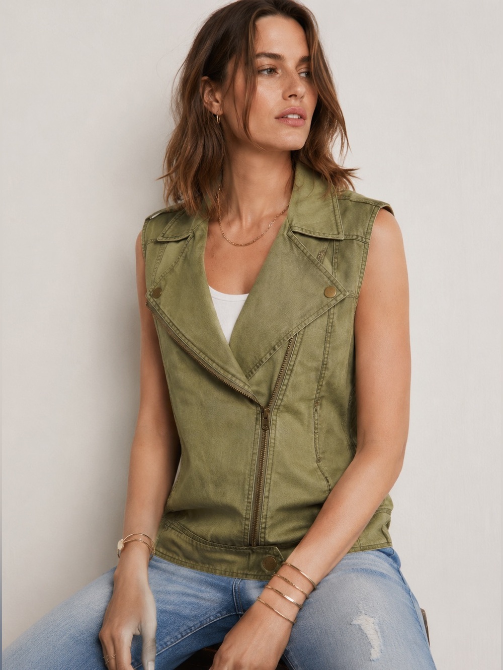 Nordstrom BP Military Green 100% Cotton Moto Utility Zip Down Vest Oversized XS